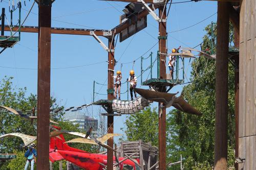 Kinderen manouvreren zich over het hoogteparcours bij Dinoland Zwolle. Durf jij de uitdaging ook aan?